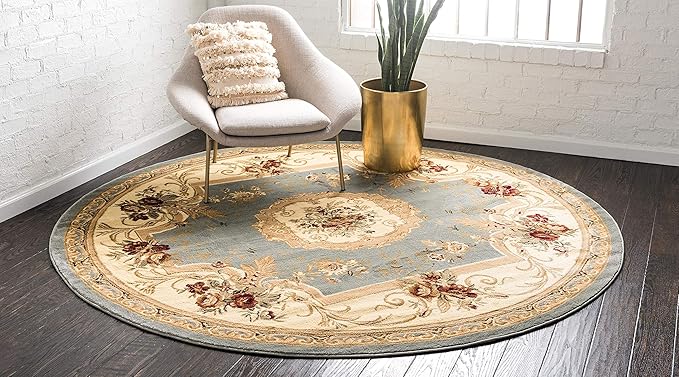 Unique Loom Versailles Collection Traditional Classic Floral Motif Area Rug (6' 0 x 6' 0 Round, Slate Blue/ Ivory)