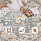 Round Rug Living Room Rugs: 8Ft Washable Boho Neutral Large Circle Soft Indoor Distressed Stain Resistant Floor Farmhouse Carpet for Bedroom Nursery Kids Playroom Office Dining Room Dorm- Beige Blue