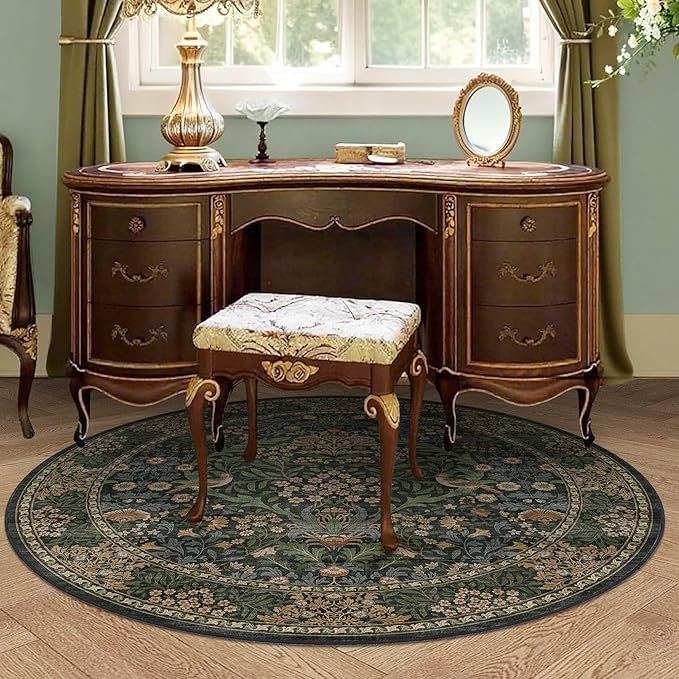 4ft Round Area Rugs for Living Room, Washable Floral Circle Rug Non Slip Low Pile, Vintage Boho Botanical Birds Throw Carpet for Farmhouse, Bedroom, Dining Room, Retro Gold/Green