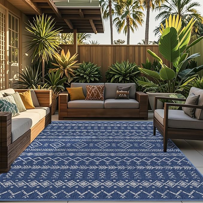 Indoor Outdoor Area Rug Washable Patio Rug Modern Moroccan Geometric Indoor Outdoor Carpet Rug Non Slip Non Shedding for Patio, Deck, Backyard, Porch (8x10)