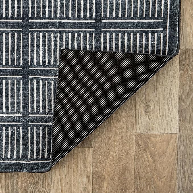Rugshop Bohemian Stripe Lines Washable Non Slip Area Rug 5' x 7' Black