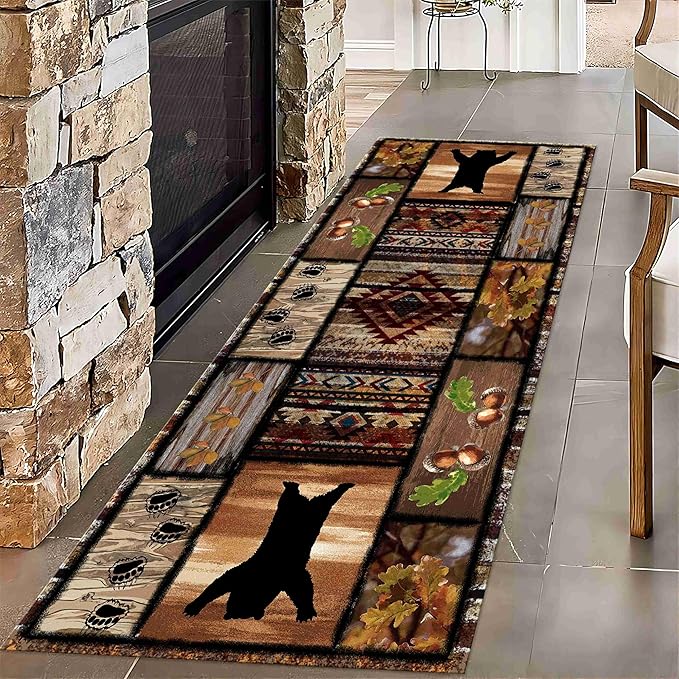 Wild Animal Bear Long Runner Rug, 2.6x10ft, Brown Geometric Stitching Non-Slip Kitchen Mat, Animal Bear and Plant Pine Cone Autumn Leaf Print Entrance Carpet, Southwest Country Style Indoor Decoration