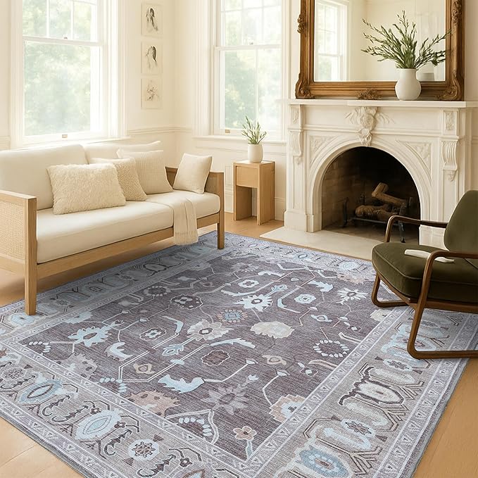 Brown Oushak Rug, Modern, Vintage, Turkish, Eclectic, Floral, Pastel, Washable, Extra Large Area Rugs for Living Room, Dining, Bedroom, Lounge, 9'x12'