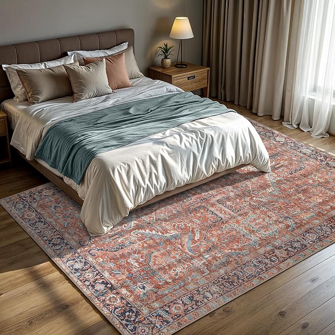 GLN Rugs Traditional Collection - Machine Washable Area Rug, Traditional Washable, Non Slip, Low Pile Chenille Rug, Living Room, Bedroom, Kitchen Rug (8' x 10' Terra/Multicolor 1168)