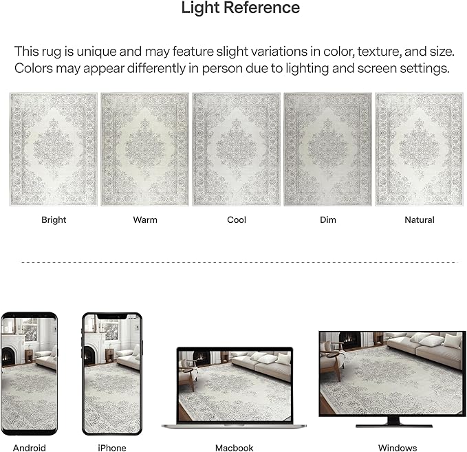 ReaLife Rugs Machine Washable Area Rug - Living Room Bedroom Bathroom Kitchen Entryway Office - Padded Low Pile Stain Resistant Premium - Boho Farmhouse Vintage - Paige - Ivory 5' x 7'