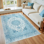 3x5 Area Rug for Bedroom, Machine Washable Rugs with Non-Slip Backing for Living Room, Soft Vintage Carpet Kitchen Laundry Kids Room Decor, Celestial Blue