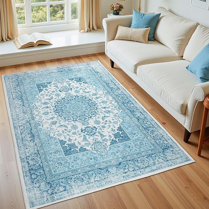 4x6 Area Rug for Bedroom, Machine Washable Rugs with Non-Slip Backing for Living Room, Soft Vintage Carpet Kitchen Laundry Kids Room Decor, Celestial Blue