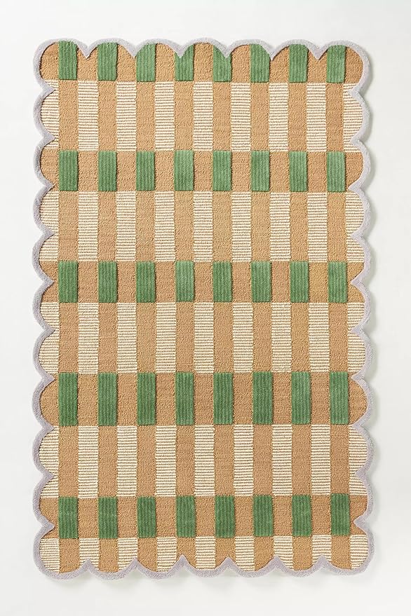 Hand-Tufted Wool Area Rug with Scalloped Edges, Beige and Green Plaid Pattern, Cozy and Soft Accent Rug for Living Room, Bedroom, and Nursery, Handmade Decorative Rug, 4x6 Ft