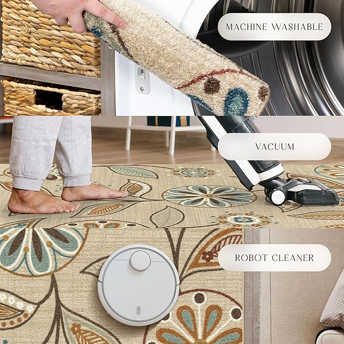 Maples Rugs Reggie Floral Runner Rug - Made in USA - Washable, Non Slip Indoor Carpet for Kitchen, Hallway, and Laundry Room, 2' x 7', Beige