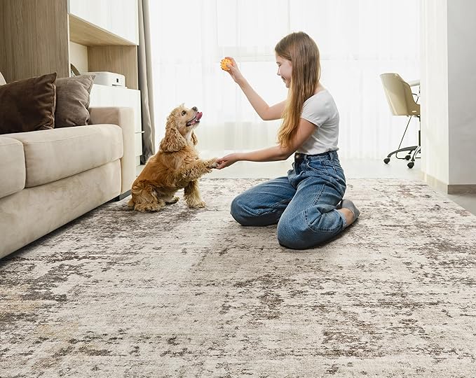 5x7 Area Rug Living Room Rugs - Washable Neutral Modern Abstract Soft Thin Large Rug Indoor Floor No Slip Rug Carpet for Bedroom Under Dining Table Home Office Decor - Dark Brown