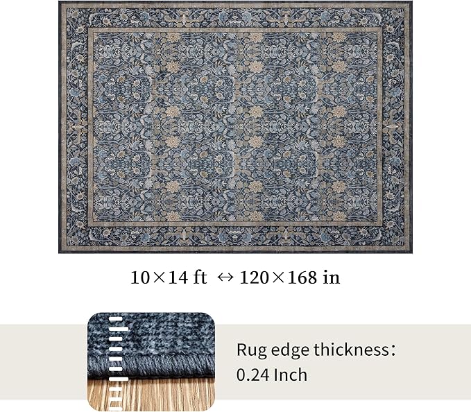 Washable Living Room Rug: 10x14 Boho Floral Soft Area Rug for Bedroom Decor - Vintage Low Pile Thin Carpet for Dining Room Non-Slip - Farmhouse Stain Resistant Rugs - Slate Blue