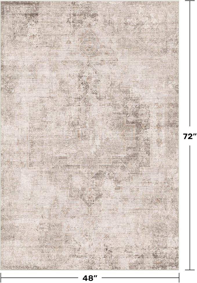 Washable 4x6 Rug for Small Living Room, Area Rug for Kitchen, Bedside, Large Entryway Indoor - Stain Resistant Non Slip with Rubber Backing, Unique Floral Aethestic Décor, Light Brown & Beige