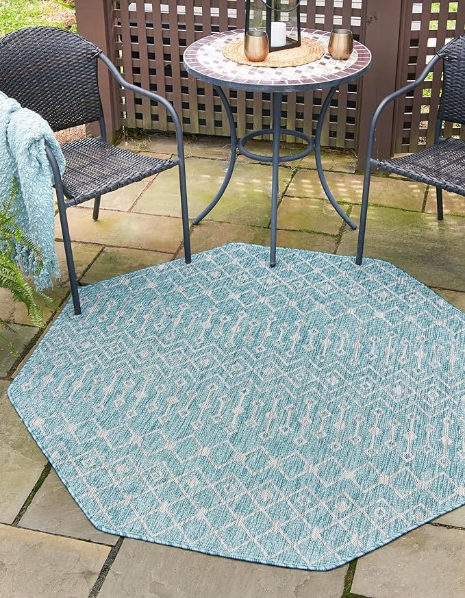 Unique Loom Outdoor Trellis Collection Area Rug - Tribal Trellis (5' 3" Octagon, Aqua/ Ivory)