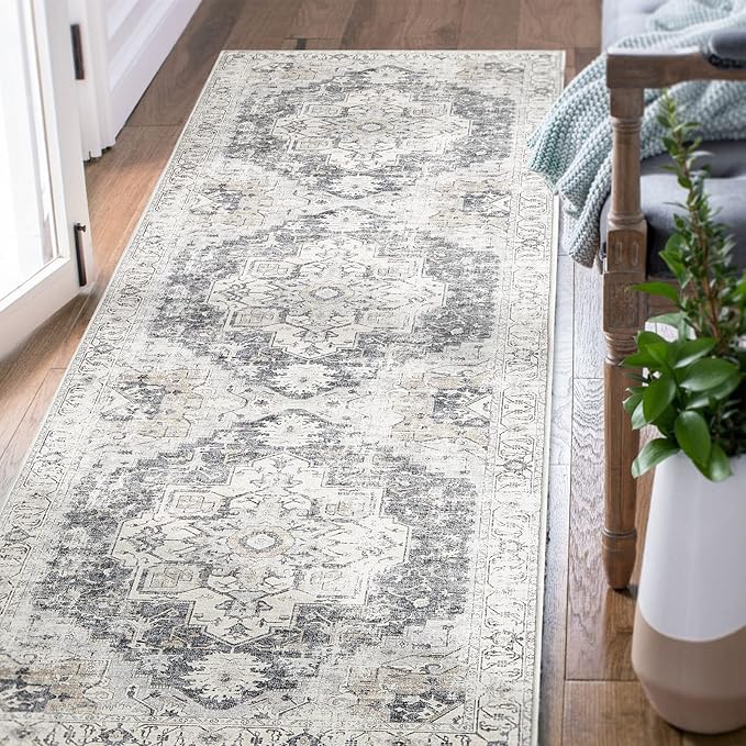 jinchan Kelda Runner Rug 2x6 Hallway Rug Kitchen Washable Runner Vintage Mat Retro Print Lightweight Non-Slip Accent Floor Cover Distressed Thin Carpet for Entryway Bathroom Bedroom Laundry Room Grey