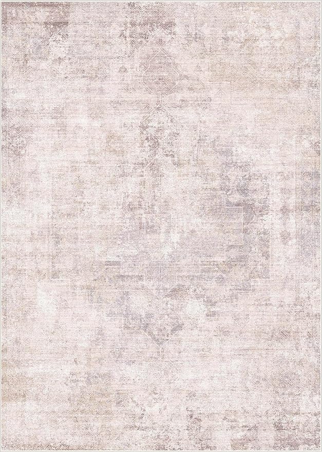 Modern Pink and Grey 5x7 Area Rugs for Bedroom - Abstract Living Room Rug, for Dining Room Under Table, Washable, Non Slip & Soft, Medallion Distressed Print Pattern