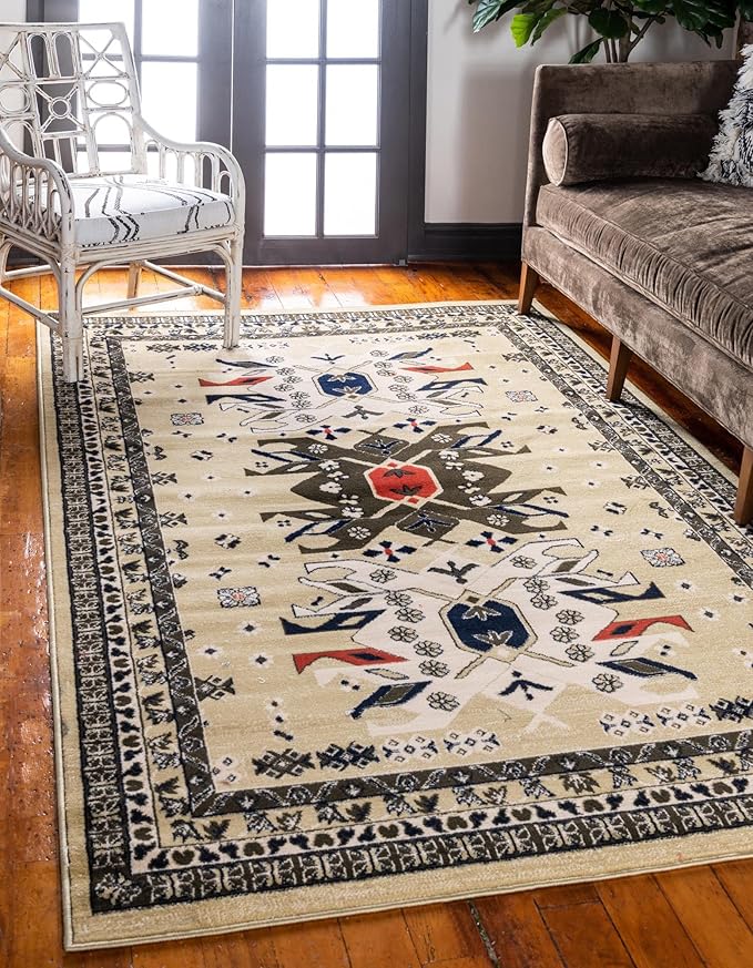 Unique Loom Taftan Collection Border Geometric Tribal Inspired Design Area Rug (5' 0 x 8' 0 Rectangular, Gold/ Gray)