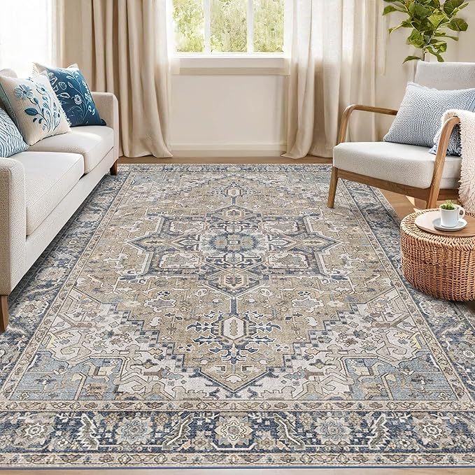 Kokia 4x6 Washable Area Rugs Blue with Vintage Orient Design Rug, Soft Rug for Living Room or Bedroom, Non-Slip Low Pile Stain Resistance Features, Distressed Medallion Pattern