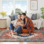 Lahome Area Rugs 9x12 Living Room - Boho Non-Slip Washable Rug Ultra-Thin Stain Resistant Large Carpet Throw Non Shedding Dining Room Mat, Oriental Print Carpet for Bedroom Guest Room (Rust, 9'x12')