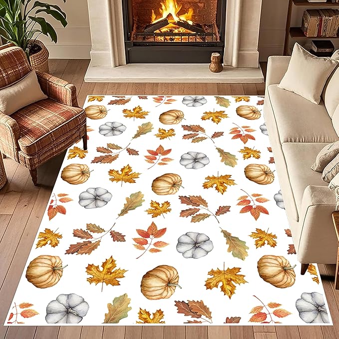 Pumpkin Area Rug, 3x4ft, Fun Vibrant Autumn Harvest Fallen Leaves Pumpkin Plant White Fall Porch Rug, Sturdy Non Slip Easy-Washing Fall Decorations for Home Bedroom