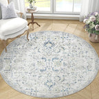 jinchan Kalen Round Rug 5ft Area Rug Entryway Washable Vintage Indoor Retro Floor Cover Distressed Floral 5' Round Circle Boho Non Slip Thin Carpet for Kitchen Bedroom Living Room Dining Room Blue