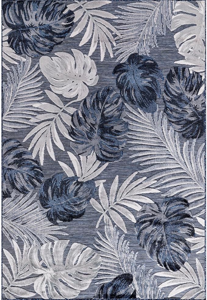 CAMILSON Indoor Outdoor Rug, Navy Blue 6’x9’ Leaf Tropical Botanical Area Rugs for Indoor and Outdoor patios, Easy-Cleaning Non-Shedding Living Room, Garden and Kitchen Washable Outside Carpet (6x9)
