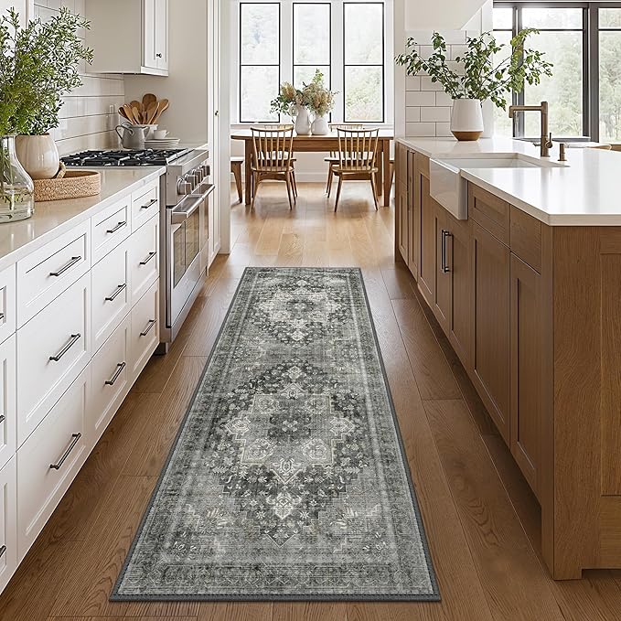 GENIMO 2x12 Runner Rugs for Hallway, Machine Washable Non Slip Vintage Rugs, Low Pile Lightweight Soft Print Rug for enrtyway, Corridor, Home Office, Kitchen, Charcoal Gray