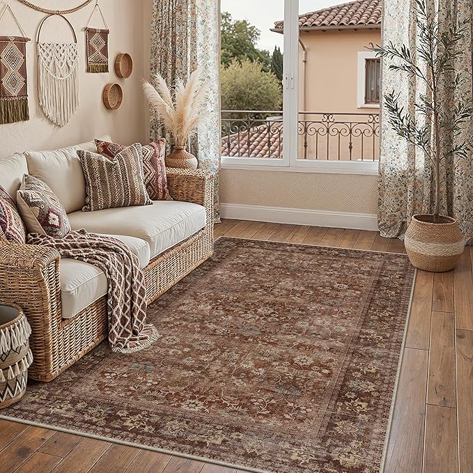 HUGEAR 3x5 Machine Washable Rugs Brick Red Hallway Area Rug Indoor Accent Rug Floral Low Pile Carpet Soft Throw Rug Bedroom Living Room Office Dining Room Kitchen Laundry Room Non Slip