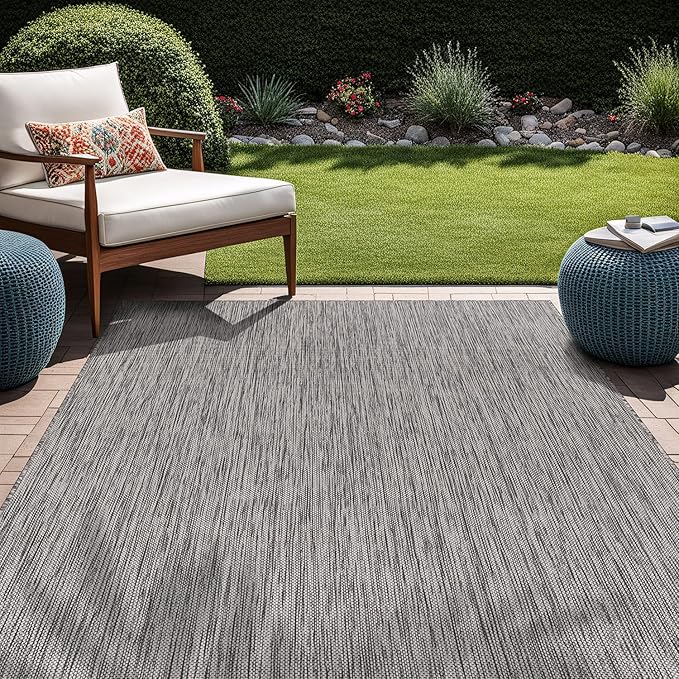 Beverly Rug Indoor Outdoor Rug 5x7, Washable Outside Carpet for Patio, Deck, Porch, Solid Modern Area Rug, Water Resistant, Silver Gray