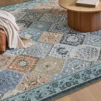 Phantoscope Washable Area Rug 4'x6' Non-Slip, Vintage Boho Rugs for Living Room, Bedroom, Dining Room, Distressed Moroccan Mosaic Diamond Pattern, Low-Pile Foldable Floor Carpet, Blue Teal/Neutral