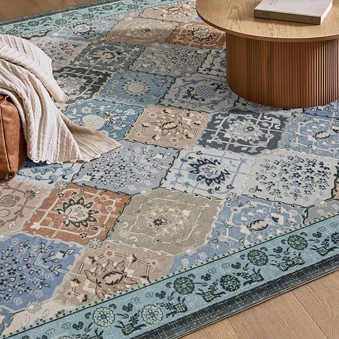 Phantoscope Washable Area Rug 6'x9' Non-Slip, Vintage Boho Rugs for Living Room, Bedroom, Dining Room, Distressed Moroccan Mosaic Diamond Pattern, Low-Pile Foldable Floor Carpet, Blue Teal/Neutral