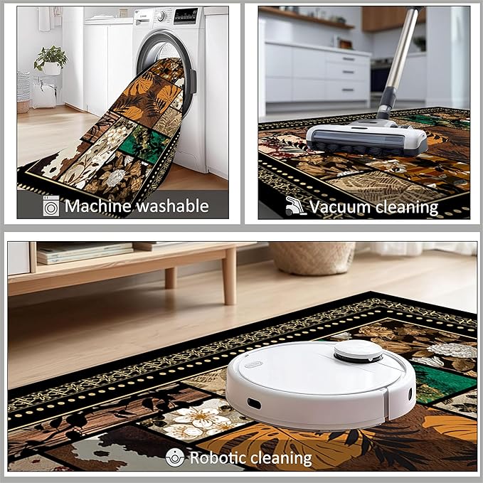 Floral Tropical Patchwork Area Rug 5x8ft, Vintage Black & Brown Country Carpet, Low Pile Non-Slip Mat for Cozy Bedroom, Dining Room, Farmhouse Decor