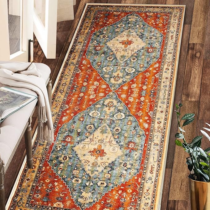 COMSLE Boho Runner Rug, 2' x 6' Washable Rugs for Hallway Faux Wool Small Kitchen Area Rug Distressed Throw Rug Non-Slip Laundry Room Rug Carpet Runner for Entryway Indoor Bedroom