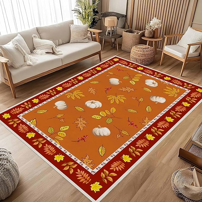 Fallen Leaves Carpet for Kitchen, 6x8ft, Autumn Pumpkins with Leave Orange Area Rug, Indoor Ultra-Thin Foldable Machine Washable Fun Pumpkin Bath Mat for Home Office Relax Room