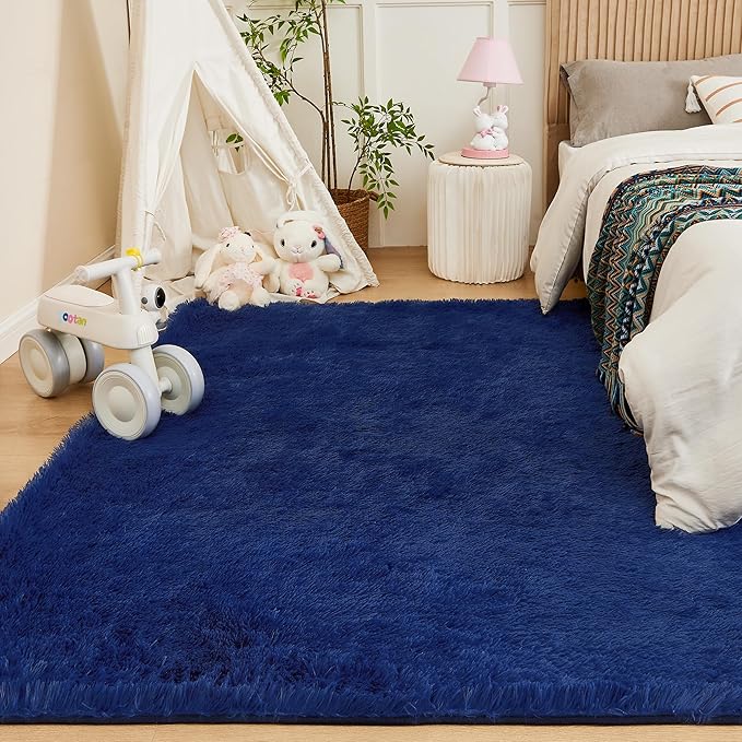 Andency Navy Soft Area Rugs for Living Room Bedroom, 4x6 Fluffy Shaggy Bedside Rug, Non-Slip Large Shag Fuzzy Plush Carpets for Bedroom Kids Dorm Nursery Home Decor Aesthetic