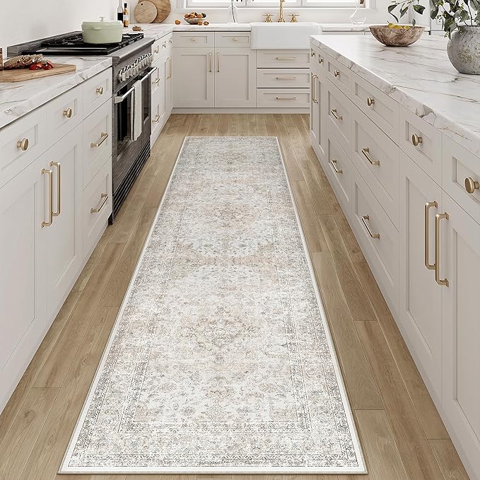 2x8 Washable Vintage Runner Rug for Living Room Bedroom Beige Grey Soft Tranditional Non Slip Runner Rug Lightweight Floral Low Pile Distressed Runner Kitchen Hallway Bedroom