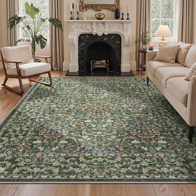 Bavni 8x10 Area Rugs for Living Room, Floral Rug Machine Washable Non Slip, Vintage Boho Forest Carpet, Soft Low Pile Thin Lightweight Rugs for Bedroom, Farmhouse, Dining Room Office, Emerald Green