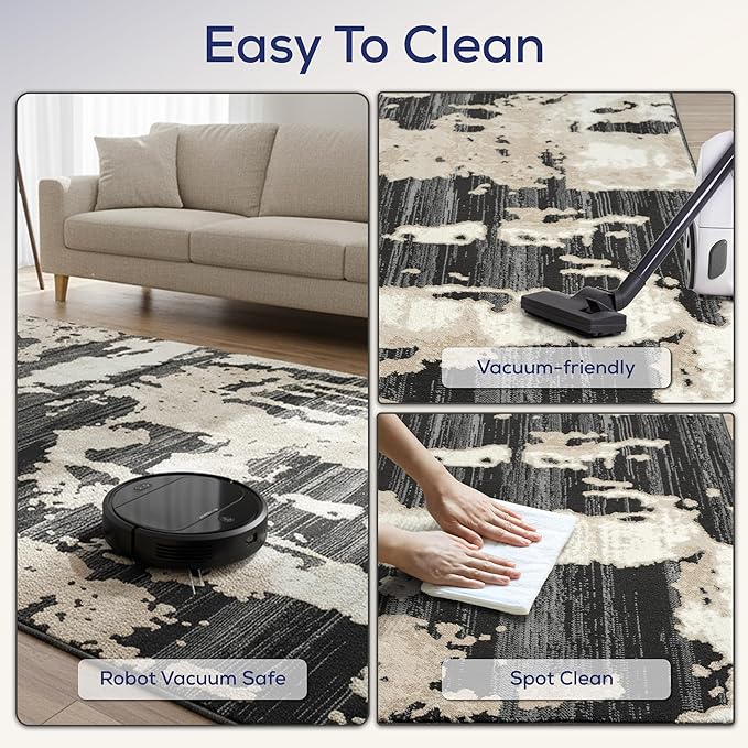 Abani Terra Cream Area Rug for Living Room, Bedroom - Black Abstract Pattern - 2' x 3' - Durable & Easy to Clean
