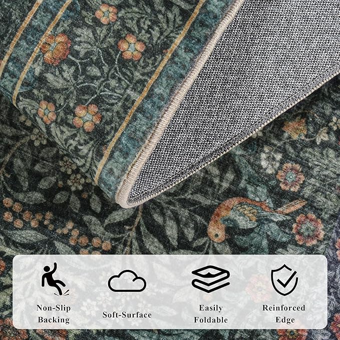 6x9 Floral Washable Area Rug for Living Room, Vintage Boho Large Rug for Bedroom Dining Room， Distressed Botanical Birds Non Slip Low Pile Forest Animal Throw Carpet for Farmhouse Office, Dark Green