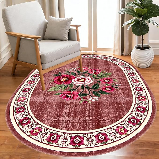 Retro Country Distressed Burgundy Green Florals Texture Bordered Rugs 7x9 for Living Room Bedroom Dining Room Soft Washable Non Skid Area Rug Guestroom Kitchen Doormats Rustic Indoor Oval Carpet