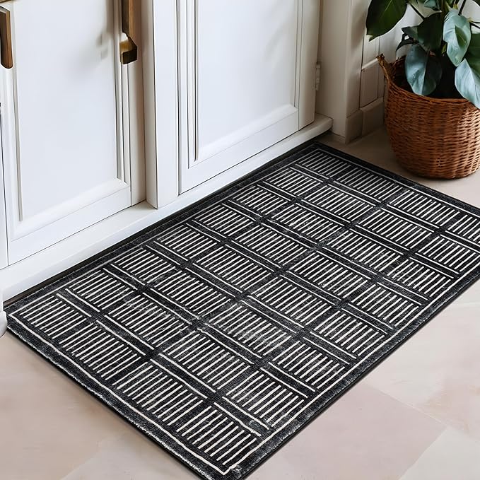 Rugshop Bohemian Stripe Lines Washable Non Slip Area Rug 2' x 4' Black