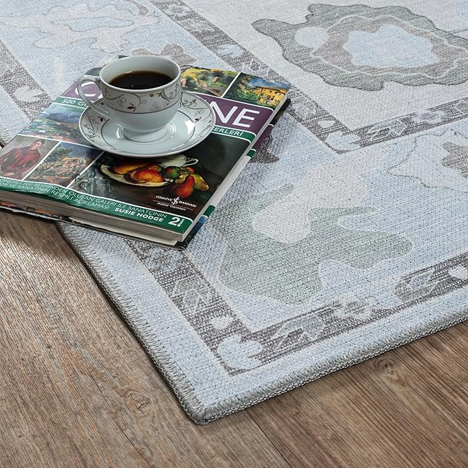 Fame Living Cream Beige Oushak Rug, Modern, Vintage, Turkish, Eclectic, Floral, Pastel, Washable, Area Rugs for Living Room, Dining, Bedroom, Office, Entryway, Foyer, Playroom, Nursery, 5'x6'9"