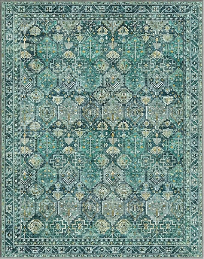 Bavni Washable Rug 8x10 Area Rug for Living Room Bedroom Dining, Washable Vintage Print Carpet, Ultra-Thin Chenille Low Pile Lightweight Rug with Non Slip Backing, Dark Green