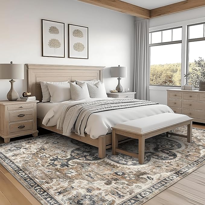 ReaLife Rugs Machine Washable Area Rug - Living Room Bedroom Bathroom Kitchen Entryway Office - Padded Low Pile Stain Resistant Premium - Boho Farmhouse Vintage - Joy - Brown Beige 4' x 6'