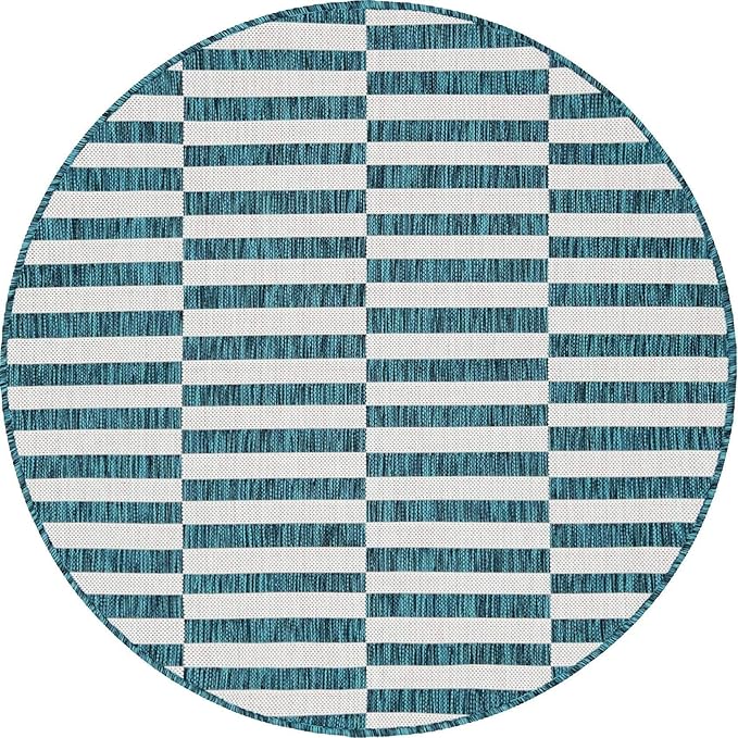 Unique Loom Outdoor Striped Collection Area Rug - Striped (4' 1" Round, Teal/Ivory)