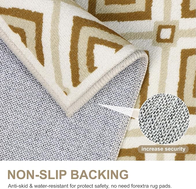 Bavni Hallway Runner Rug Machine Washable, 2x7 Non Slip Lightweight Washable Runners, Moroccan Checkered Rug for Entryway Laundry Kitchen Bathroom Corridor Bedside, Yellow Brown