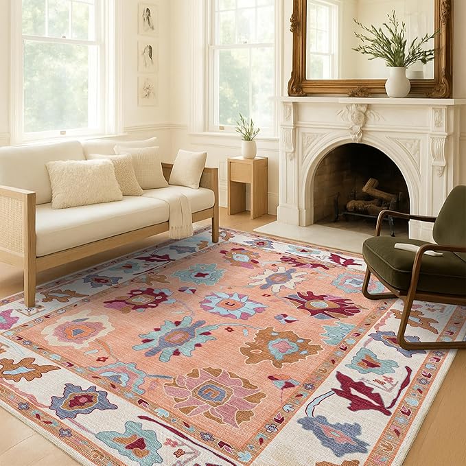 Fame Living Orange Oushak Rug, Modern, Vintage, Turkish, Eclectic, Floral, Pastel, Washable, Extra Large Area Rugs for Living Room, Dining, Bedroom, Lounge, 9'x12'