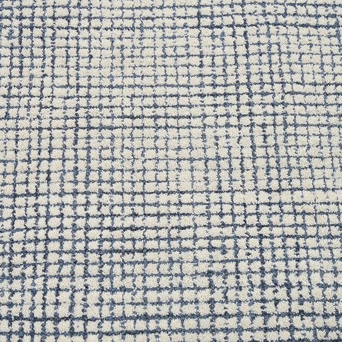 Hand-Tufted 100% Wool Pile Area Rug – Geometric Textured Grid Check Pattern – Thick and Durable Floor Carpet for Bedroom, Living Room, Kids Room, and Dining Area (Indigo Blue, 8' x 11')