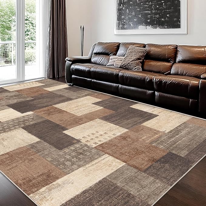 Modern Geometric Patchwork Indoor Area Rug for Living Room, Beige 5'x 7' Large Rug Rockwood Collection Hardwood Floors Decor for Bedroom, Beige Throw Carpet for Office Entryway Dining Room