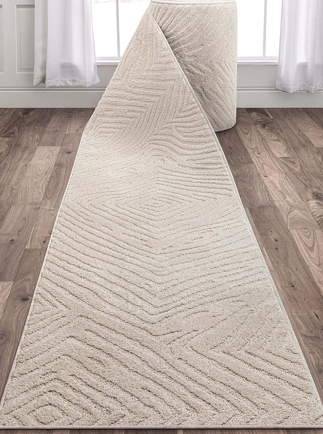 Well Woven Custom Size Hallway Stair Runner - Choose Your Length - 27 Inches Wide x 9 Feet Long Runner (27" x 9' Runner) Rug - Ivory Relajo Soft Touch, Modern Geometric - Hi-Lo Pile