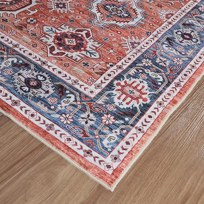 Dripex Vintage Washable Area Rug - 5x8 Distressed Rugs for Living Room Bedroom Oriental Medallion Floral Print Carpet Low-Pile Indoor Soft Non-Slip Accent Rug Farmhouse Office Home Decor